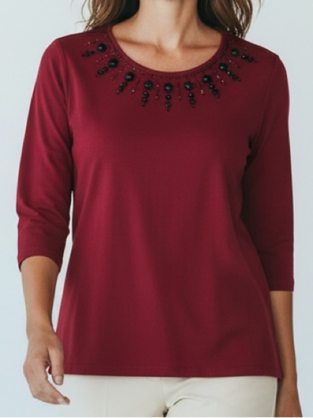 Alfred Dunner Wine Crewneck Sweater with Black Bead Embellishment